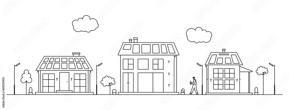 Vector line art illustration with suburban cityscape. Neighborhood with solar panels on roofs. Alternative green energy.