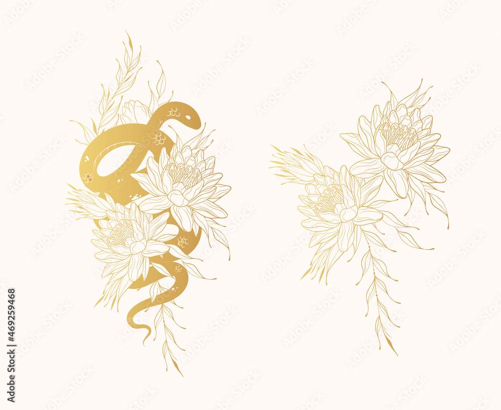 Hand drawn golden twisted snake with water lilies. Gold mystical floral vector illustration in vintage style for tattoo, covers, t-shirt design, fabrics, notebooks. Hand drawn golden twisted snake with water lilies. Gold mystical floral vector illustration in vintage style for tattoo, covers, t-shirt design, fabrics, notebooks.