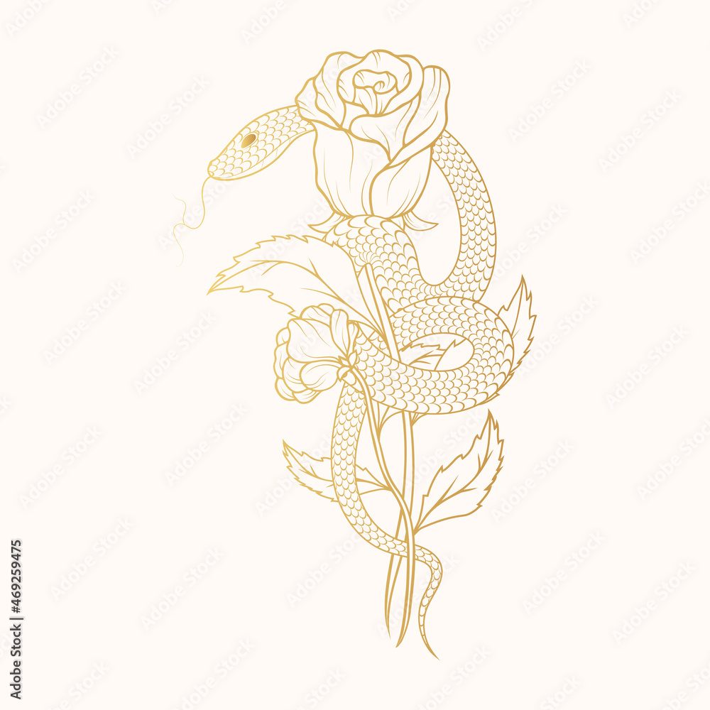 Hand drawn gold snake wrapped around a rose. Golden floral vector