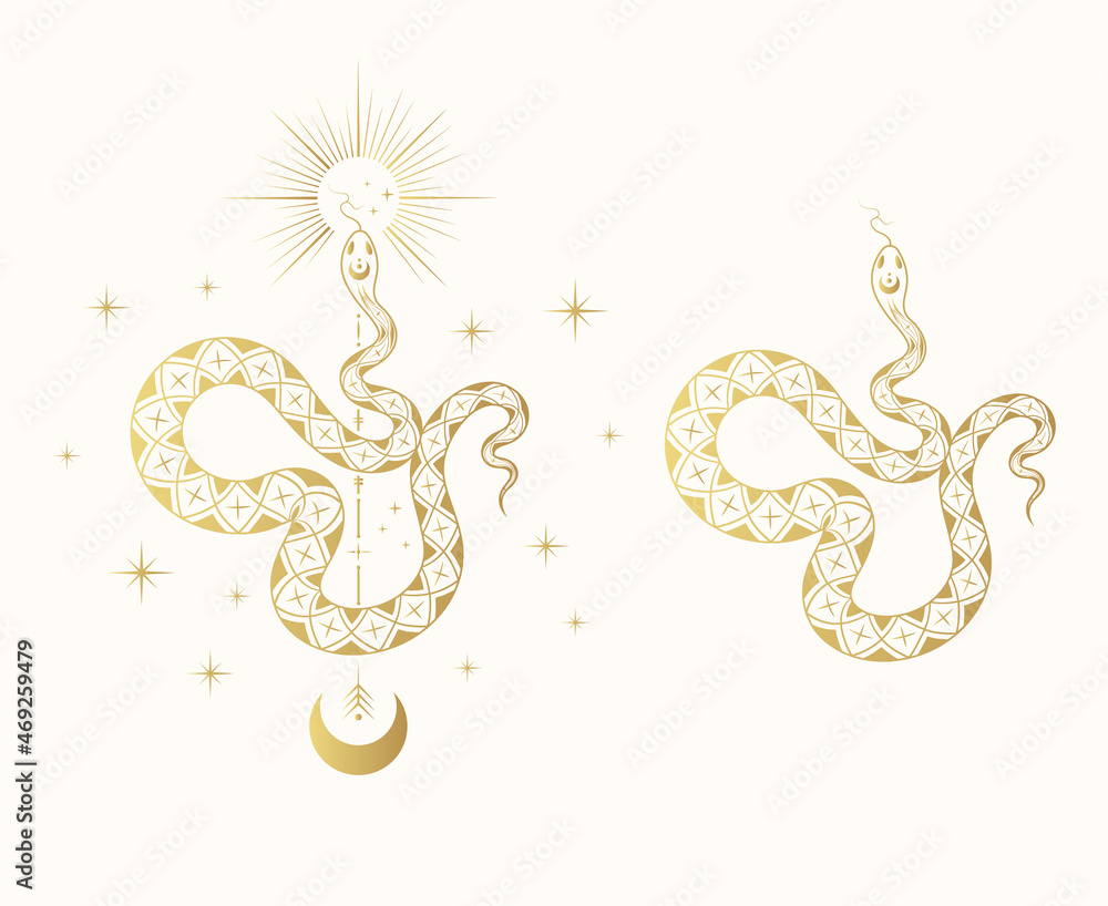 Fototapeta premium Hand drawn golden celestial snake illustration with stars, sun and moon. Gold spiritual background for tattoo, covers, t-shirt design, fabrics, notebooks and cards.