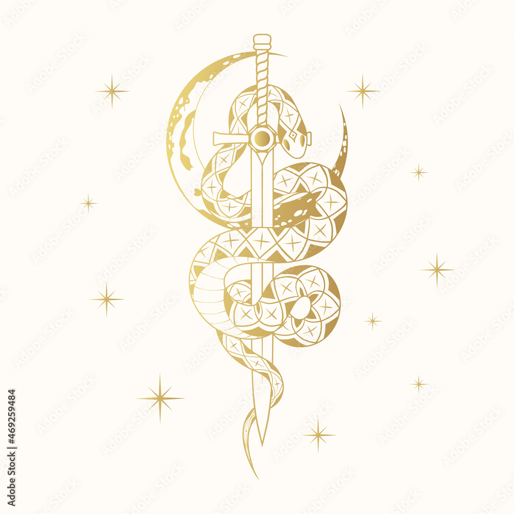 Hand drawn golden celestial illustration with stars, moon and a snake ...