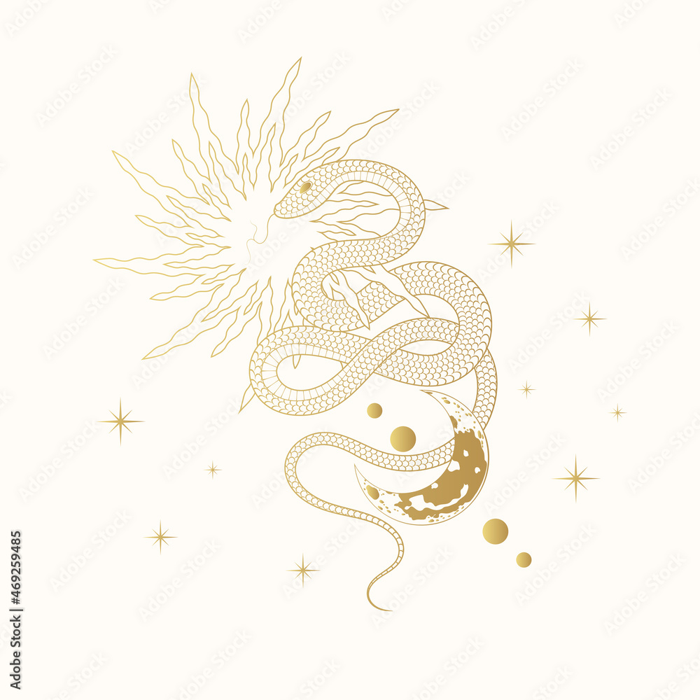 Obraz premium Hand drawn golden celestial moon and sun snake illustration with stars. Mystical print in vintage style for t-shirt design, fabric, cards and covers.