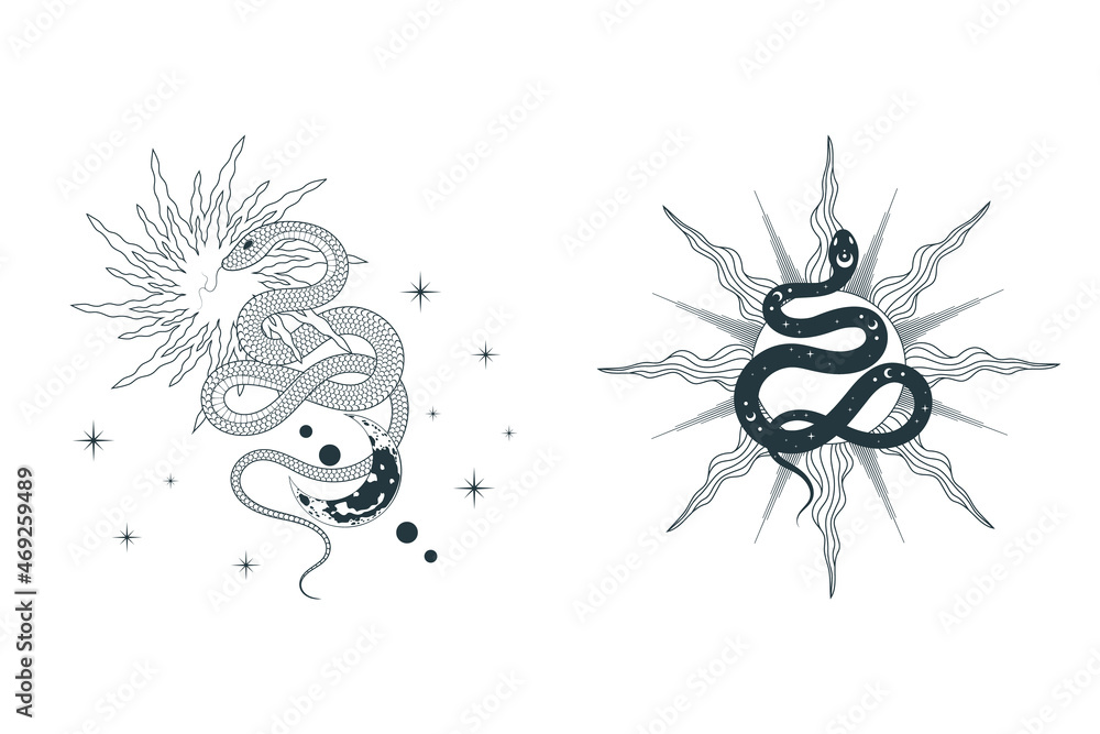 Celestial set with snakes, stars, moon and sun. Mystical and spiritual witchy prints for t-shirt design, tattoo, fabric, cards and covers. Celestial set with snakes, stars, moon and sun. Mystical and spiritual witchy prints for t-shirt design, tattoo, fabric, cards and covers.