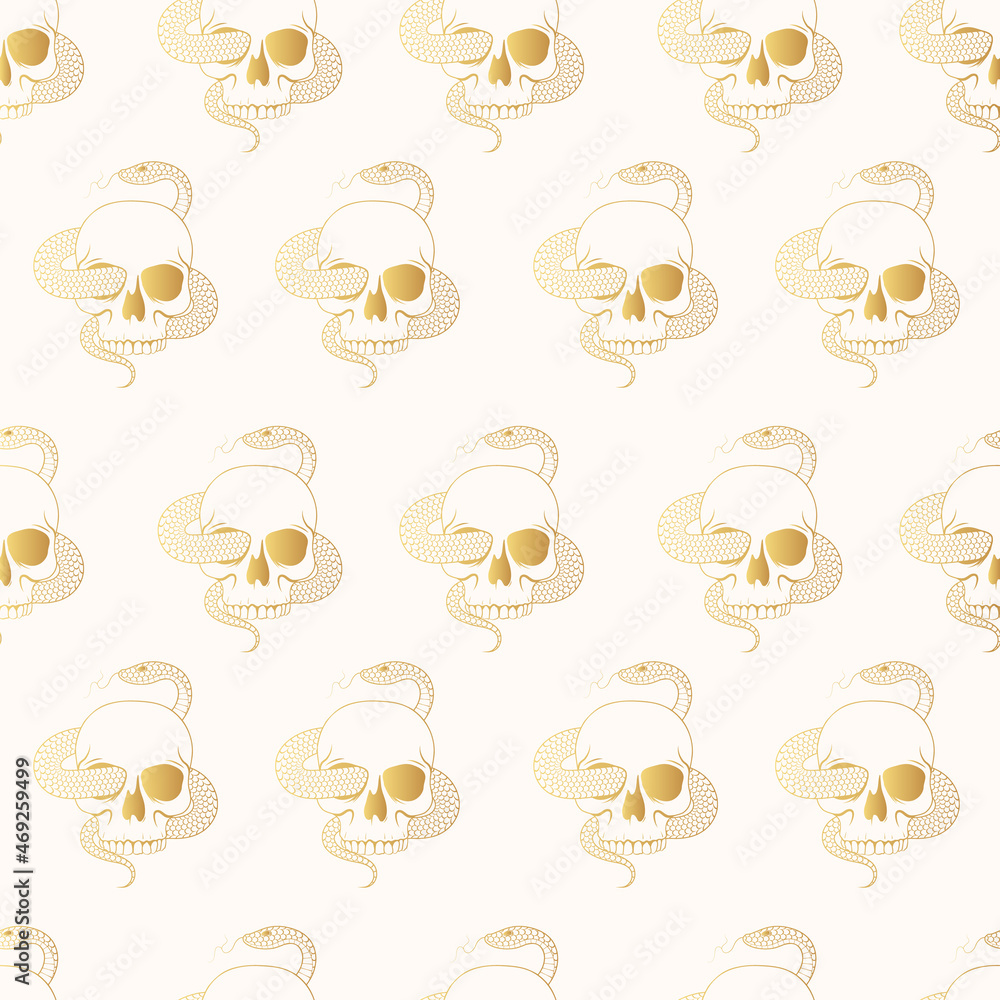 Skulls and snakes. Hand drawn golden witchcraft seamless pattern. Vector illustration in vintage style for t-shirt design, textile, bags and wrapping paper. Skulls and snakes. Hand drawn golden witchcraft seamless pattern. Vector illustration in vintage style for t-shirt design, textile, bags and wrapping paper.