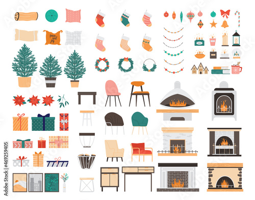 Christmas living room interior constructor set. Modern cozy and stylish
