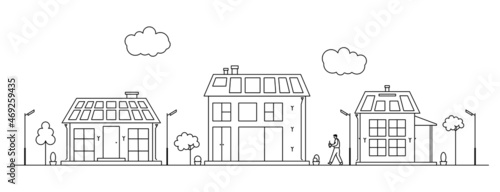 Vector line art illustration with suburban cityscape. Neighborhood with solar panels on roofs. Alternative green energy.