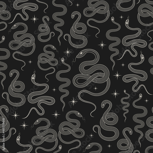 Hand drawn celestial seamless pattern with snakes and stars. Witchy texture for backgrounds, fabrics, wrapping paper.