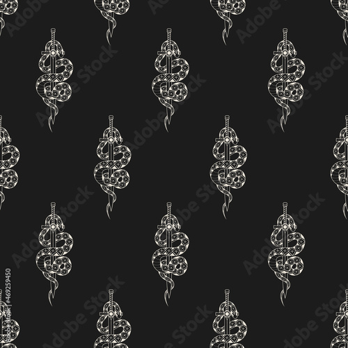 Hand drawn seamless pattern with snake wrapping around the sword.  Mystical texture in vintage style  for wrapping paper, t-shirt design, fabric and covers.