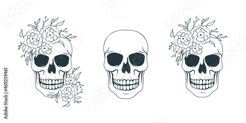 Hand drawn set with skulls and flowers. Vector isolated horror illustration in vintage style  for tattoo, t-shirt design, textile, bags.