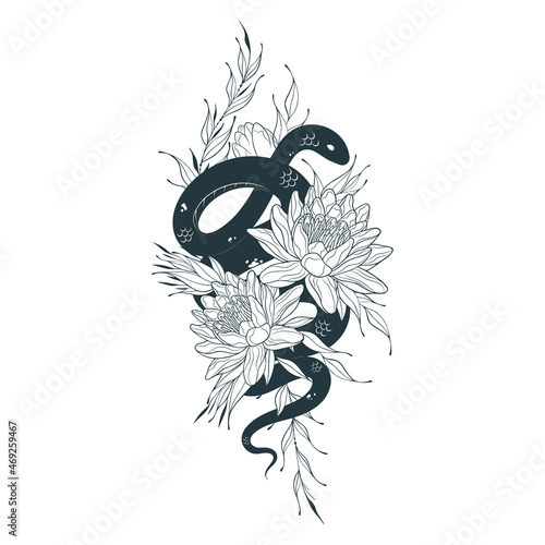 Hand drawn twisted snake with water lilies. Mystical floral vector illustration in vintage style  for tattoo, covers,  t-shirt design, fabrics, notebooks and coloring pages.