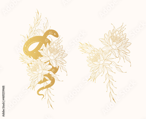 Hand drawn golden twisted snake with water lilies. Gold mystical floral vector illustration in vintage style for tattoo, covers, t-shirt design, fabrics, notebooks.