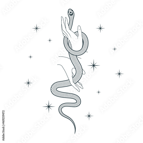 Hand drawn celestial illustration with stars and a snake wrapping an arm. Mystical and spiritual isolated art for t-shirt design, tattoo, fabric, covers and cards.