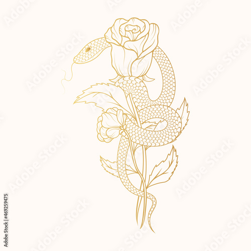 Hand drawn gold snake wrapped around a rose. Golden floral vector illustration in vintage style  for covers,  t-shirt design, fabrics, notebooks and cards.