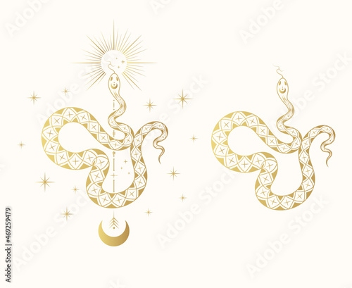 Hand drawn golden celestial snake illustration with stars, sun and moon. Gold spiritual background for tattoo, covers, t-shirt design, fabrics, notebooks and cards.