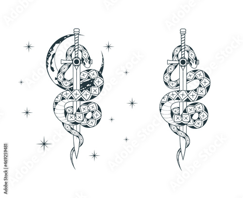 Hand drawn celestial snake wrapping around the sword with stars, moon. Spiritual background in vintage style  for tattoo,  t-shirt design, fabric, cards and covers.