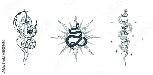 Celestial and mystical snake with sword, moon and sun. Spiritual witchcraft prints for design of t-shirts, fabrics, tattoo, cards 