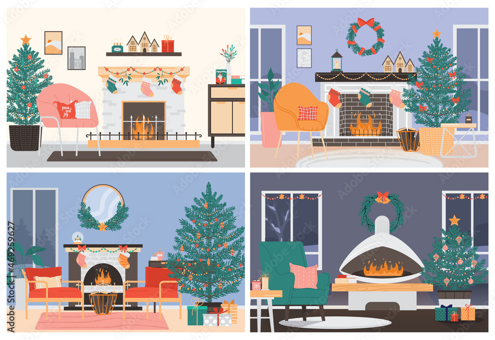 Obraz premium Christmas living room interior set. Modern cozy and stylish apartment