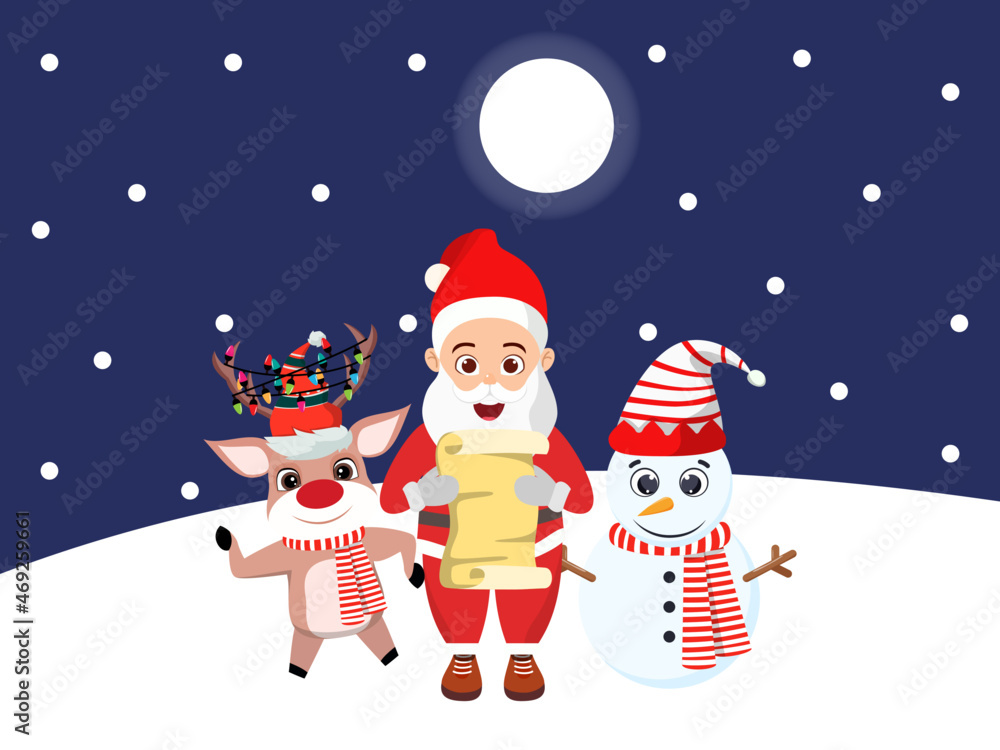 Naklejka premium Cute beautiful Santa Claus character and reindeer snowman character standing with placard on snow fields on nigh background