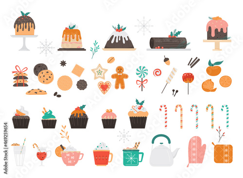 Christmas desserts or sweets set. Cakes and muffin for celebration
