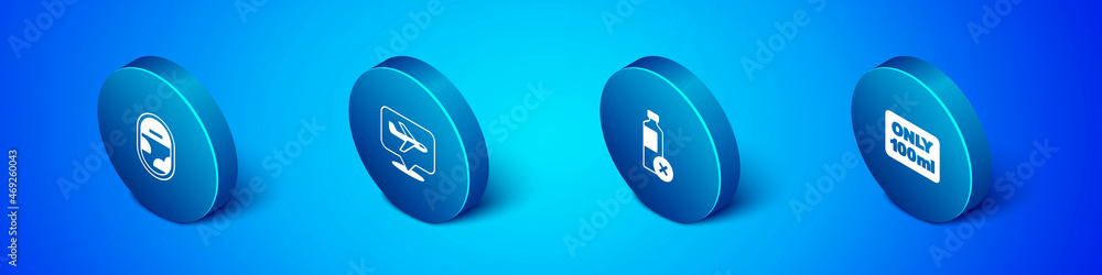 Set Isometric Airplane window, No water bottle, Liquids carry-on baggage and Plane icon. Vector Set Isometric Airplane window, No water bottle, Liquids carry-on baggage and Plane icon. Vector