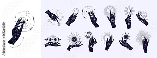 Spiritual esoteric magic logo or talisman with woman hands in silhouette style with stars, sacred geometry moon and sun. Alchemy mystic tattoo object logo template. Vector