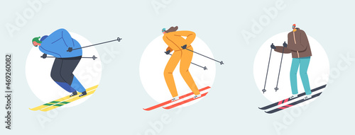 Set Family Extreme Speed Skiing. Skiers Isolated on White Background. Winter Season Recreation, Sport Activity, Slalom