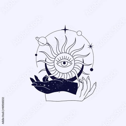 Spiritual esoteric magic logo or talisman with woman hands in silhouette style with stars, sacred geometry moon and sun. Alchemy mystic tattoo object logo template. Vector