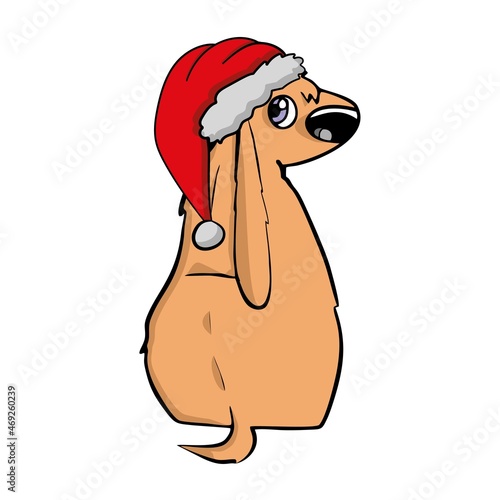 Christmas dog in santas hat with watercolor illustration . Vector illustration. 