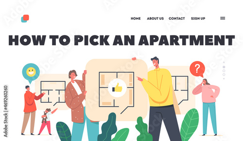 Happy Family Characters Choose Apartment Layout Landing Page Template. Mother, Father and Kids Discuss New Home Plan
