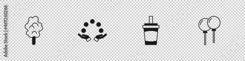 Set Cotton candy, Juggling ball, Paper glass with water and Balloons ribbon icon. Vector