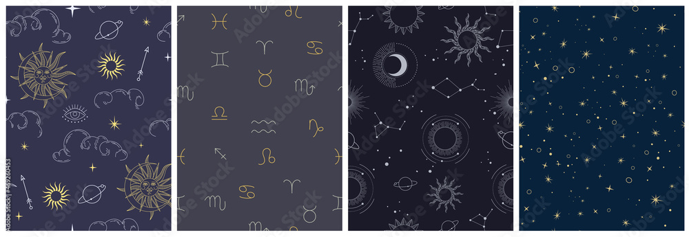 Vector seamless pattern with celestial mystic esoteric magic elements sun moon and clouds Different stages of moon, zodiac Signs. Alchemy tattoo template Vector seamless pattern with celestial mystic esoteric magic elements sun moon and clouds Different stages of moon, zodiac Signs. Alchemy tattoo template