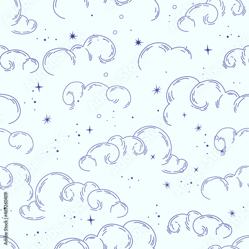 Vector eamless pattern with abstract clouds in linear and silhouette style. Chinese and Curl cloud celestial elements. Vector