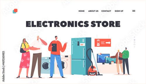 Electronics Store Landing Page Template. Family Buying Household Goods, Couples Purchase Appliances with Consultant
