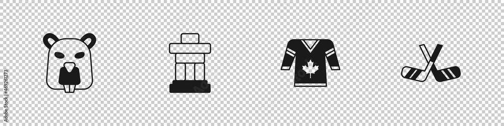 Obraz premium Set Beaver animal, Inukshuk, Hockey jersey and Ice hockey sticks icon. Vector