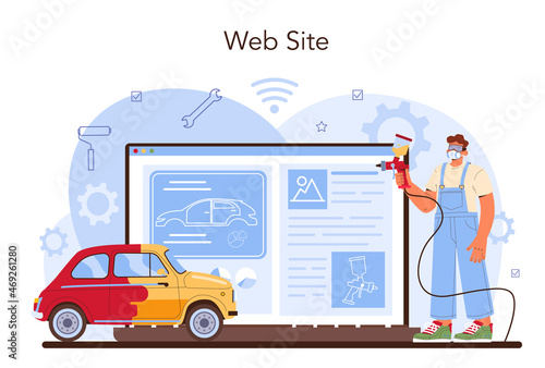 Car service online service or platform. Mechanic in uniform paint