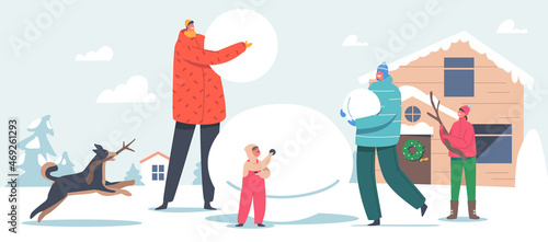 Happy Family Outdoor Activity. Parents with Kids Making Funny Snowman on Snowy Landscape Background, Winter Time Game