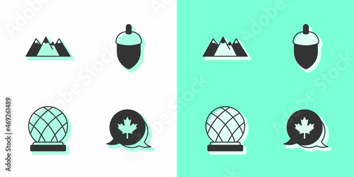 Set Canadian maple leaf, Mountains, Montreal Biosphere and Acorn icon. Vector