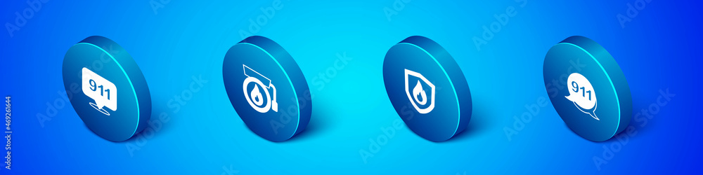 Set Isometric Emergency call 911, Fire protection shield, and Ringing alarm bell icon. Vector Set Isometric Emergency call 911, Fire protection shield, and Ringing alarm bell icon. Vector