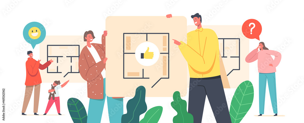 Fototapeta premium Happy Family Characters Choose Apartment Layout. Mother, Father and Kids Discuss New Home Plan with Rooms Location