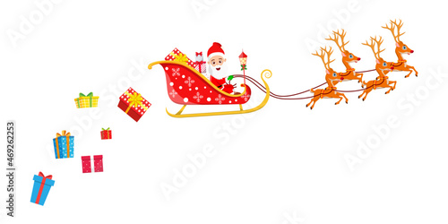 Cute beautiful Santa Clause character  flying on sky with sleigh with reindeer with gift boxes and throwing boxes