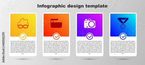 Set Glasses for swimming, Diving board springboard, Photo camera and Medal. Business infographic template. Vector