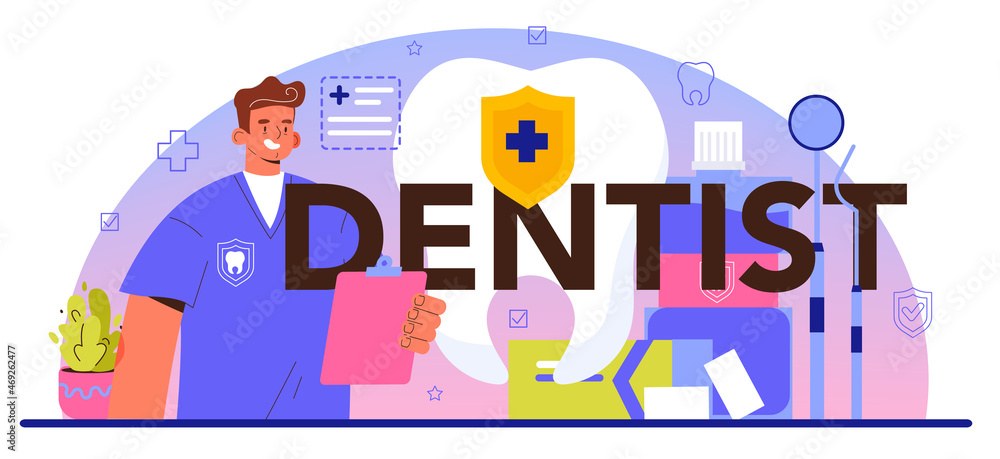 Naklejka premium Dentist typographic header. Dental doctor in uniform treating