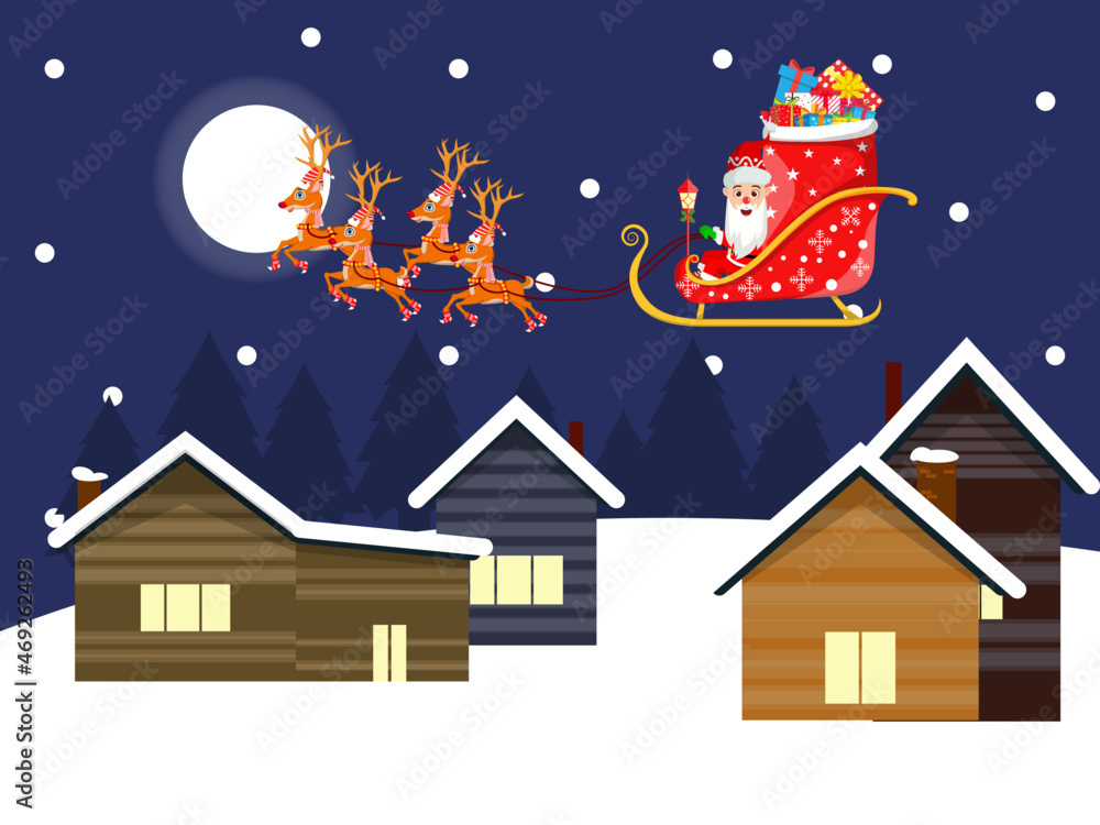 Cute beautiful Santa Clause character  flying on sky up on houses with sleigh with reindeer with gift boxes night background with trees snow falling