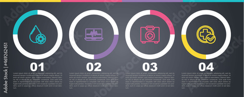 Set line Blood test and virus, Laptop with cardiogram, First aid kit and Cross hospital medical. Business infographic template. Vector