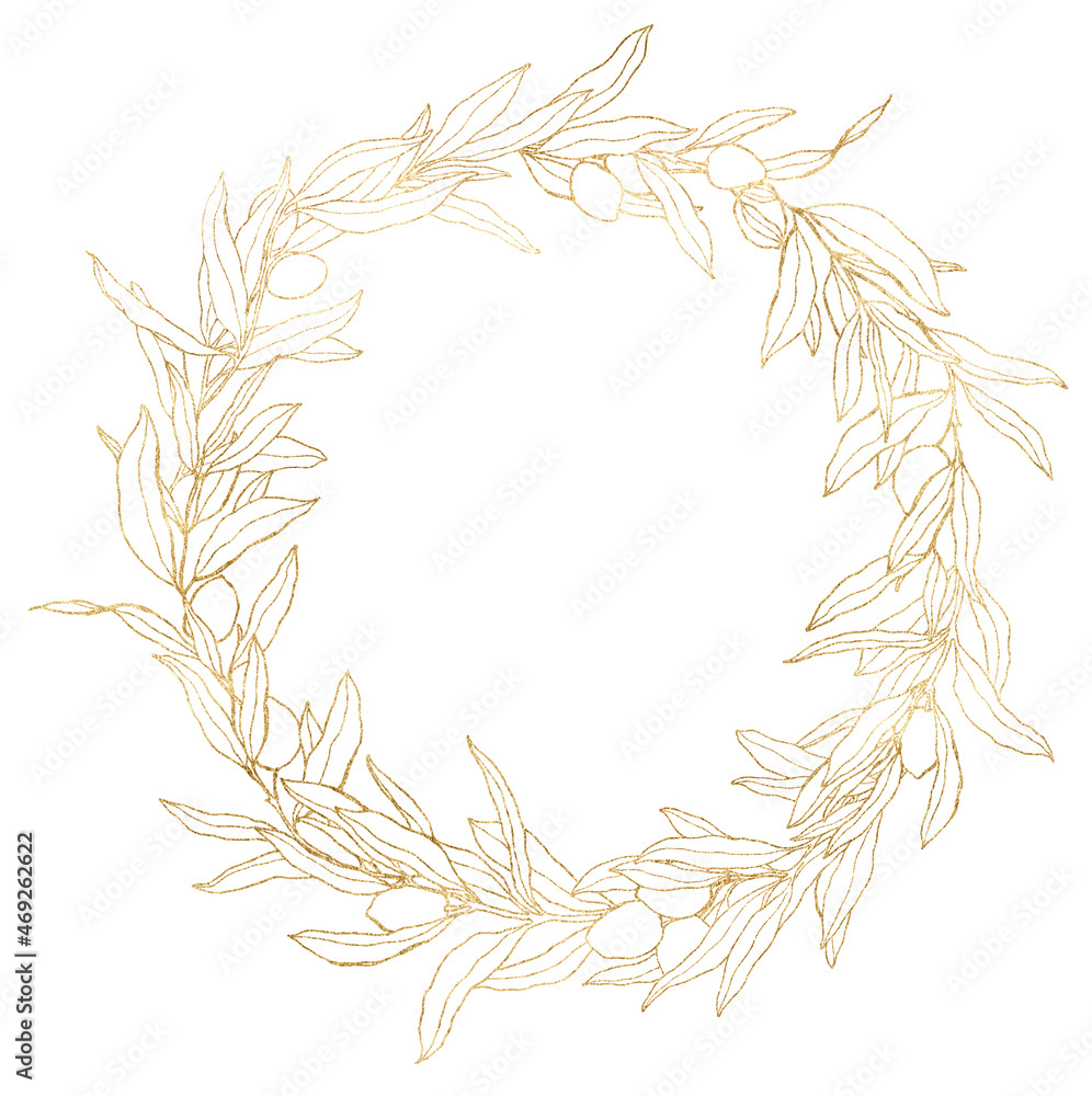 Watercolor olive frame of gold berries and branches. Hand drawn linear border of leaves isolated on white background. Plant illustration for design, print, fabric or background. Watercolor olive frame of gold berries and branches. Hand drawn linear border of leaves isolated on white background. Plant illustration for design, print, fabric or background.