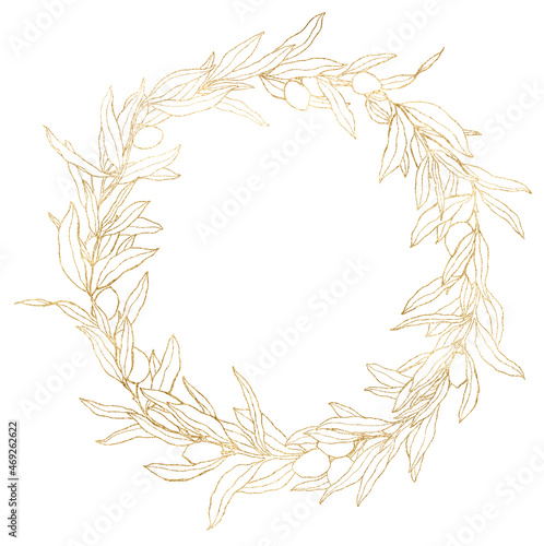 Watercolor olive frame of gold berries and branches. Hand drawn linear border of leaves isolated on white background. Plant illustration for design, print, fabric or background.