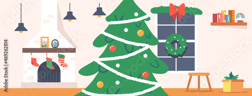 Room at Christmas Night, Empty Home Interior with Fireplace, Hanging Socks, Decorated Fir Tree With Toys, Garlands