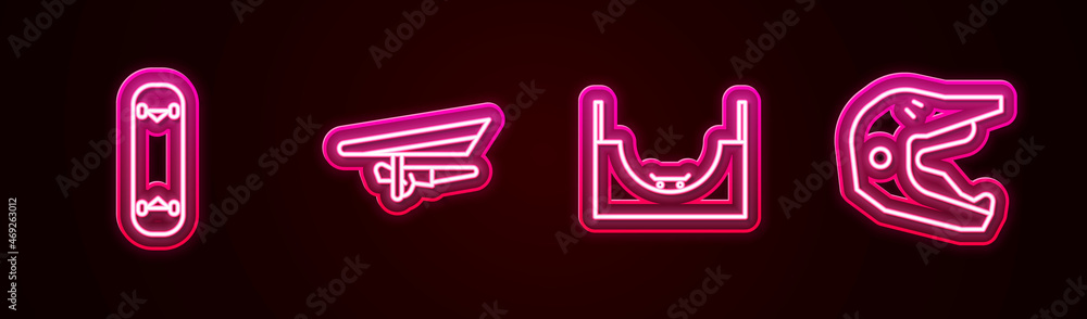 Set line Skateboard trick, Hang glider, park and Motocross motorcycle helmet. Glowing neon icon. Vector Set line Skateboard trick, Hang glider, park and Motocross motorcycle helmet. Glowing neon icon. Vector