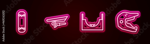 Set line Skateboard trick, Hang glider, park and Motocross motorcycle helmet. Glowing neon icon. Vector