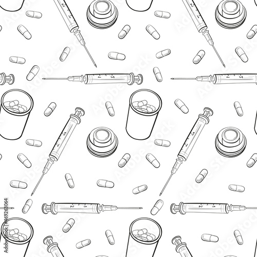 Syringe linear black and white drawing. Vector illustration